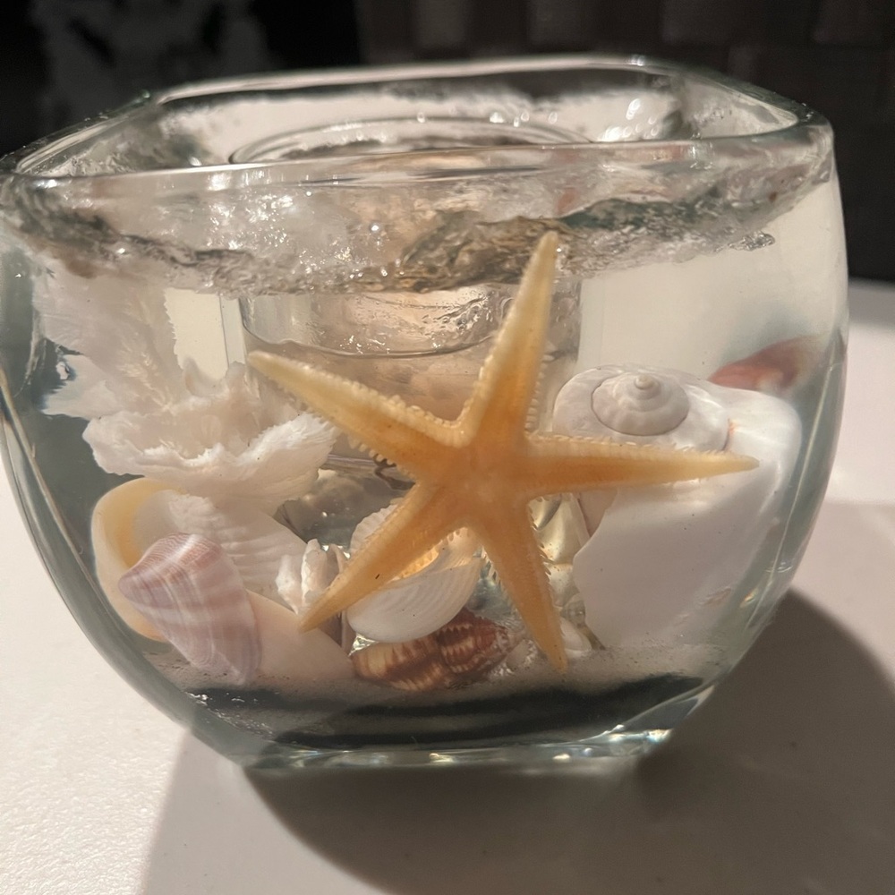 Decorative Glass Candle Holder with Seashells and Starfish